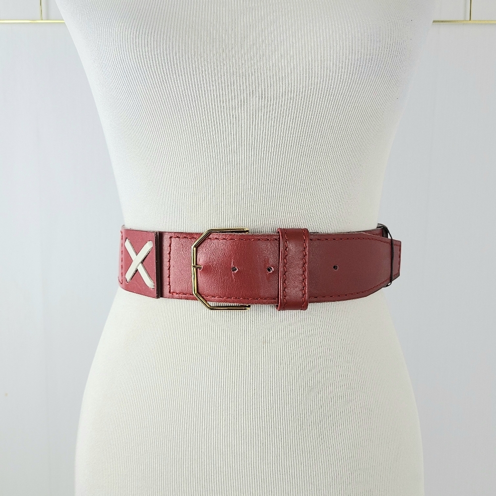Vera Neumann Red White Graphic Wide Genuine Leather Vintage Belt